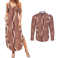 Hawaii Maile Lei Couples Matching Summer Maxi Dress and Long Sleeve Button Shirt With Brown Monstera Pattern LT05 Brown - Polynesian Pride