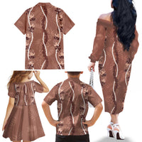 Hawaii Maile Lei Family Matching Off The Shoulder Long Sleeve Dress and Hawaiian Shirt With Brown Monstera Pattern