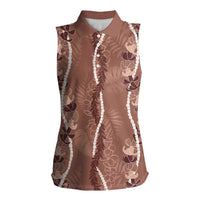 Hawaii Maile Lei Women Sleeveless Polo Shirt With Brown Monstera Pattern LT05 Female Brown - Polynesian Pride