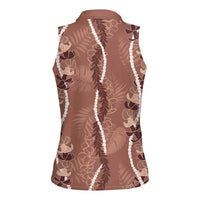 Hawaii Maile Lei Women Sleeveless Polo Shirt With Brown Monstera Pattern LT05 - Polynesian Pride