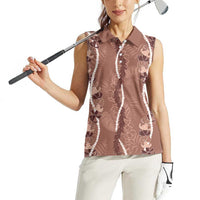 Hawaii Maile Lei Women Sleeveless Polo Shirt With Brown Monstera Pattern LT05 - Polynesian Pride