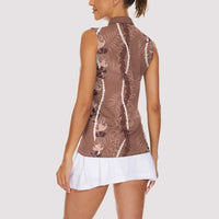 Hawaii Maile Lei Women Sleeveless Polo Shirt With Brown Monstera Pattern LT05 - Polynesian Pride