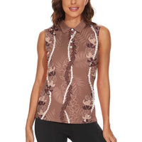 Hawaii Maile Lei Women Sleeveless Polo Shirt With Brown Monstera Pattern LT05 - Polynesian Pride