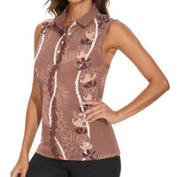 Hawaii Maile Lei Women Sleeveless Polo Shirt With Brown Monstera Pattern LT05 - Polynesian Pride