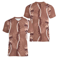 Hawaii Maile Lei Women V-Neck T-Shirt With Brown Monstera Pattern