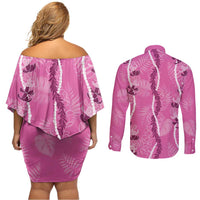 Hawaii Maile Lei Couples Matching Off Shoulder Short Dress and Long Sleeve Button Shirt With Pink Monstera Pattern LT05 - Polynesian Pride