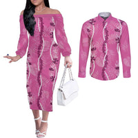 Hawaii Maile Lei Couples Matching Off The Shoulder Long Sleeve Dress and Long Sleeve Button Shirt With Pink Monstera Pattern LT05 Pink - Polynesian Pride