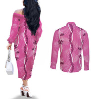 Hawaii Maile Lei Couples Matching Off The Shoulder Long Sleeve Dress and Long Sleeve Button Shirt With Pink Monstera Pattern LT05 - Polynesian Pride