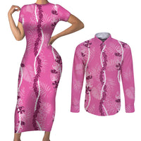 Hawaii Maile Lei Couples Matching Short Sleeve Bodycon Dress and Long Sleeve Button Shirt With Pink Monstera Pattern LT05 Pink - Polynesian Pride