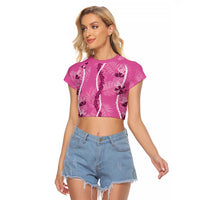 Hawaii Maile Lei Raglan Cropped T Shirt With Pink Monstera Pattern LT05 Female Pink - Polynesian Pride