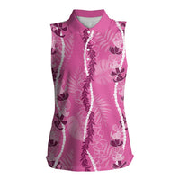 Hawaii Maile Lei Women Sleeveless Polo Shirt With Pink Monstera Pattern LT05 Female Pink - Polynesian Pride