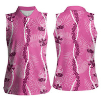 Hawaii Maile Lei Women Sleeveless Polo Shirt With Pink Monstera Pattern LT05 - Polynesian Pride
