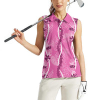 Hawaii Maile Lei Women Sleeveless Polo Shirt With Pink Monstera Pattern LT05 - Polynesian Pride