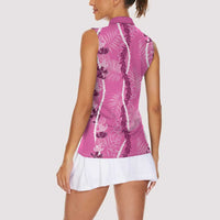 Hawaii Maile Lei Women Sleeveless Polo Shirt With Pink Monstera Pattern LT05 - Polynesian Pride