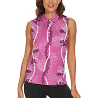 Hawaii Maile Lei Women Sleeveless Polo Shirt With Pink Monstera Pattern LT05 - Polynesian Pride