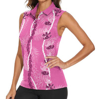 Hawaii Maile Lei Women Sleeveless Polo Shirt With Pink Monstera Pattern LT05 - Polynesian Pride