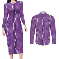 Hawaii Maile Lei Couples Matching Long Sleeve Bodycon Dress and Long Sleeve Button Shirt With Violet Monstera Pattern LT05 Violet - Polynesian Pride