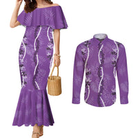 Hawaii Maile Lei Couples Matching Mermaid Dress and Long Sleeve Button Shirt With Violet Monstera Pattern LT05 Violet - Polynesian Pride