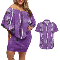 Hawaii Maile Lei Couples Matching Off Shoulder Short Dress and Hawaiian Shirt With Violet Monstera Pattern LT05 Violet - Polynesian Pride