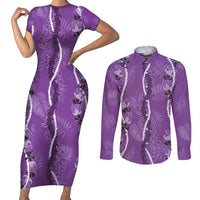 Hawaii Maile Lei Couples Matching Short Sleeve Bodycon Dress and Long Sleeve Button Shirt With Violet Monstera Pattern LT05 Violet - Polynesian Pride