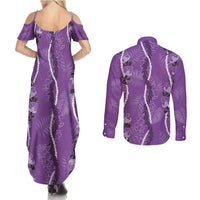 Hawaii Maile Lei Couples Matching Summer Maxi Dress and Long Sleeve Button Shirt With Violet Monstera Pattern LT05 - Polynesian Pride