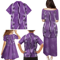 Hawaii Maile Lei Family Matching Puletasi and Hawaiian Shirt With Violet Monstera Pattern