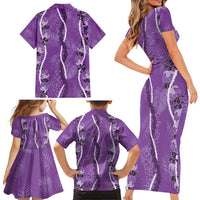 Hawaii Maile Lei Family Matching Short Sleeve Bodycon Dress and Hawaiian Shirt With Violet Monstera Pattern