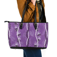 Hawaii Maile Lei Leather Tote Bag With Violet Monstera Pattern LT05 - Polynesian Pride