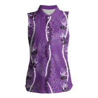 Hawaii Maile Lei Women Sleeveless Polo Shirt With Violet Monstera Pattern LT05 Female Violet - Polynesian Pride