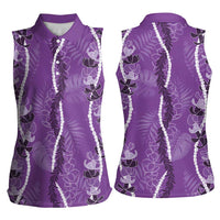 Hawaii Maile Lei Women Sleeveless Polo Shirt With Violet Monstera Pattern LT05 - Polynesian Pride