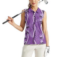 Hawaii Maile Lei Women Sleeveless Polo Shirt With Violet Monstera Pattern LT05 - Polynesian Pride