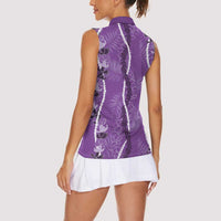 Hawaii Maile Lei Women Sleeveless Polo Shirt With Violet Monstera Pattern LT05 - Polynesian Pride