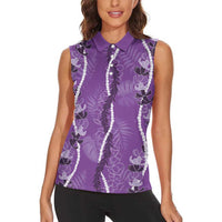 Hawaii Maile Lei Women Sleeveless Polo Shirt With Violet Monstera Pattern LT05 - Polynesian Pride