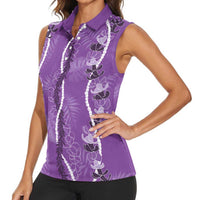 Hawaii Maile Lei Women Sleeveless Polo Shirt With Violet Monstera Pattern LT05 - Polynesian Pride