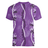Hawaii Maile Lei Women V-Neck T-Shirt With Violet Monstera Pattern LT05 - Polynesian Pride