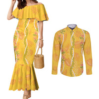 Hawaii Maile Lei Couples Matching Mermaid Dress and Long Sleeve Button Shirt With Yellow Monstera Pattern LT05 Yellow - Polynesian Pride