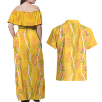 Hawaii Maile Lei Couples Matching Off Shoulder Maxi Dress and Hawaiian Shirt With Yellow Monstera Pattern LT05 - Polynesian Pride
