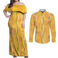 Hawaii Maile Lei Couples Matching Off Shoulder Maxi Dress and Long Sleeve Button Shirt With Yellow Monstera Pattern LT05 Yellow - Polynesian Pride
