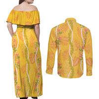 Hawaii Maile Lei Couples Matching Off Shoulder Maxi Dress and Long Sleeve Button Shirt With Yellow Monstera Pattern LT05 - Polynesian Pride