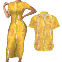 Hawaii Maile Lei Couples Matching Short Sleeve Bodycon Dress and Hawaiian Shirt With Yellow Monstera Pattern LT05 Yellow - Polynesian Pride