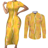 Hawaii Maile Lei Couples Matching Short Sleeve Bodycon Dress and Long Sleeve Button Shirt With Yellow Monstera Pattern LT05 Yellow - Polynesian Pride