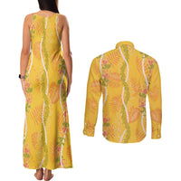 Hawaii Maile Lei Couples Matching Tank Maxi Dress and Long Sleeve Button Shirt With Yellow Monstera Pattern LT05 - Polynesian Pride