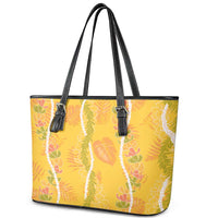 Hawaii Maile Lei Leather Tote Bag With Yellow Monstera Pattern LT05 - Polynesian Pride