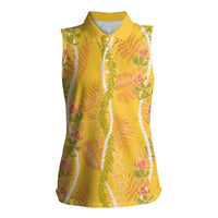 Hawaii Maile Lei Women Sleeveless Polo Shirt With Yellow Monstera Pattern LT05 Female Yellow - Polynesian Pride