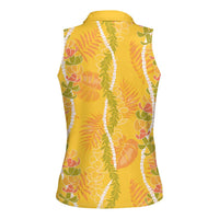 Hawaii Maile Lei Women Sleeveless Polo Shirt With Yellow Monstera Pattern LT05 - Polynesian Pride