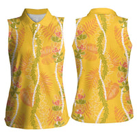 Hawaii Maile Lei Women Sleeveless Polo Shirt With Yellow Monstera Pattern LT05 - Polynesian Pride