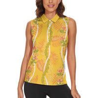 Hawaii Maile Lei Women Sleeveless Polo Shirt With Yellow Monstera Pattern LT05 - Polynesian Pride