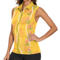 Hawaii Maile Lei Women Sleeveless Polo Shirt With Yellow Monstera Pattern LT05 - Polynesian Pride