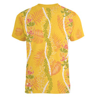 Hawaii Maile Lei Women V-Neck T-Shirt With Yellow Monstera Pattern LT05 - Polynesian Pride