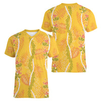 Hawaii Maile Lei Women V-Neck T-Shirt With Yellow Monstera Pattern LT05 - Polynesian Pride